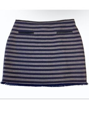 Club Monaco Blue Striped Wool Blend Knit Skirt | Fringe Hem | Size 6